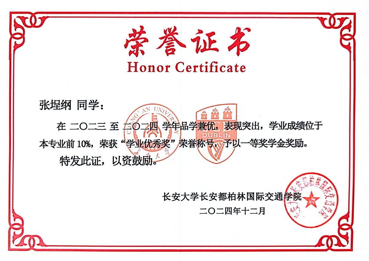 Academic excellence award certificate for the 2023-2024 academic year