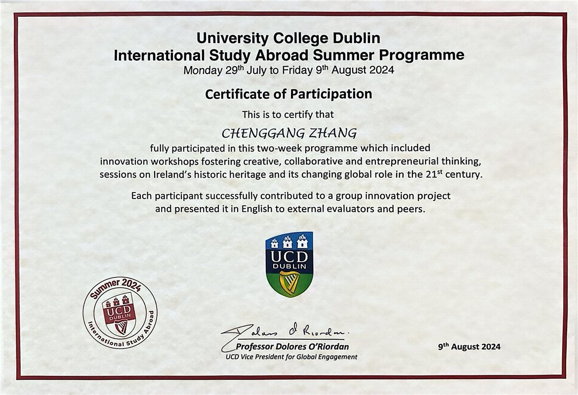 University College Dublin International Study Abroad Summer Programme certificate