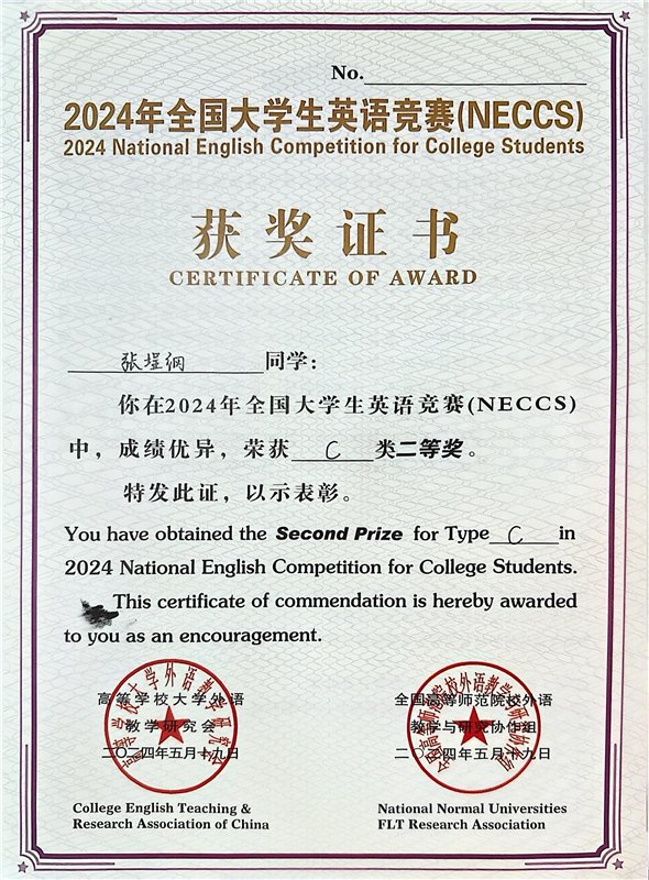 National English Competition for College Students second prize certificate